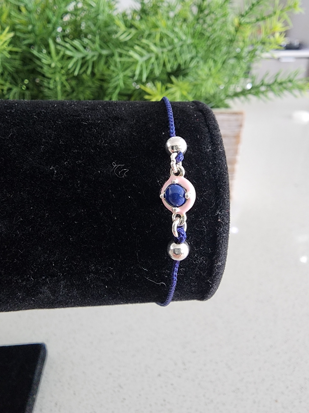 Tous Navy Cord Bracelet with Silver and Pink Accent